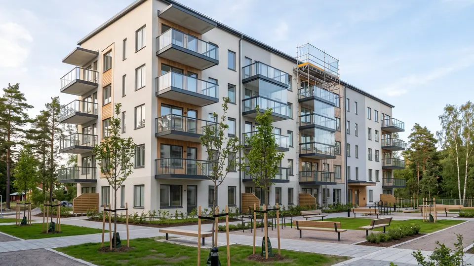 Nybyggt flerbostadshus med balkonger och innergård