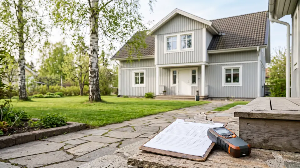 Ljusgrå villa med besiktningsprotokoll och fuktmätare på trappan
